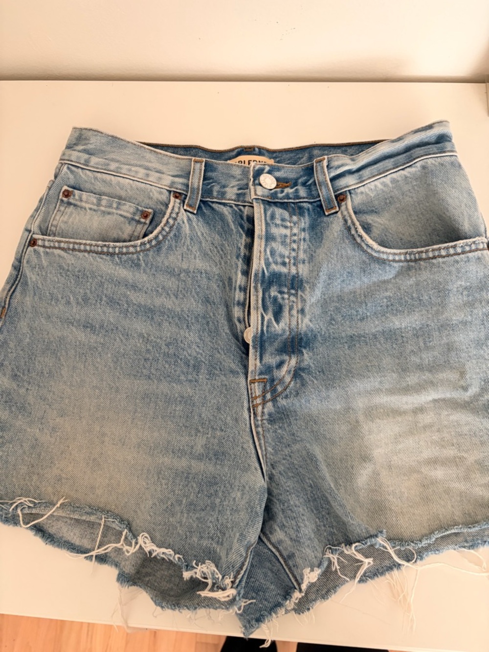 GRLFRND Light Blue Distressed High-Rise Denim Shorts